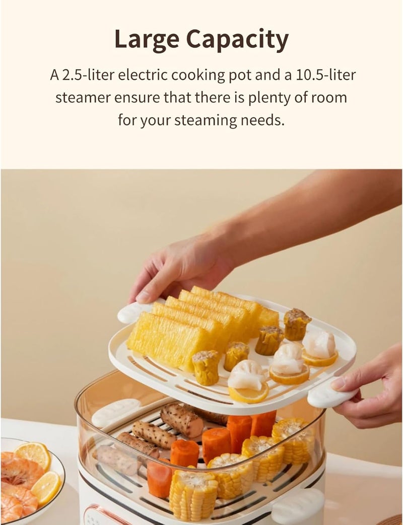 Wisoqu Two Tier Food Steamer, 1200W Electric Hot Pot with Steaming Plate, Mini Hot Pot for Fast Simultaneous Cooking, 10.5L Stackable Multipurpose Cooker for Soup Noodles Oatmeal (PP+pc - Image 3